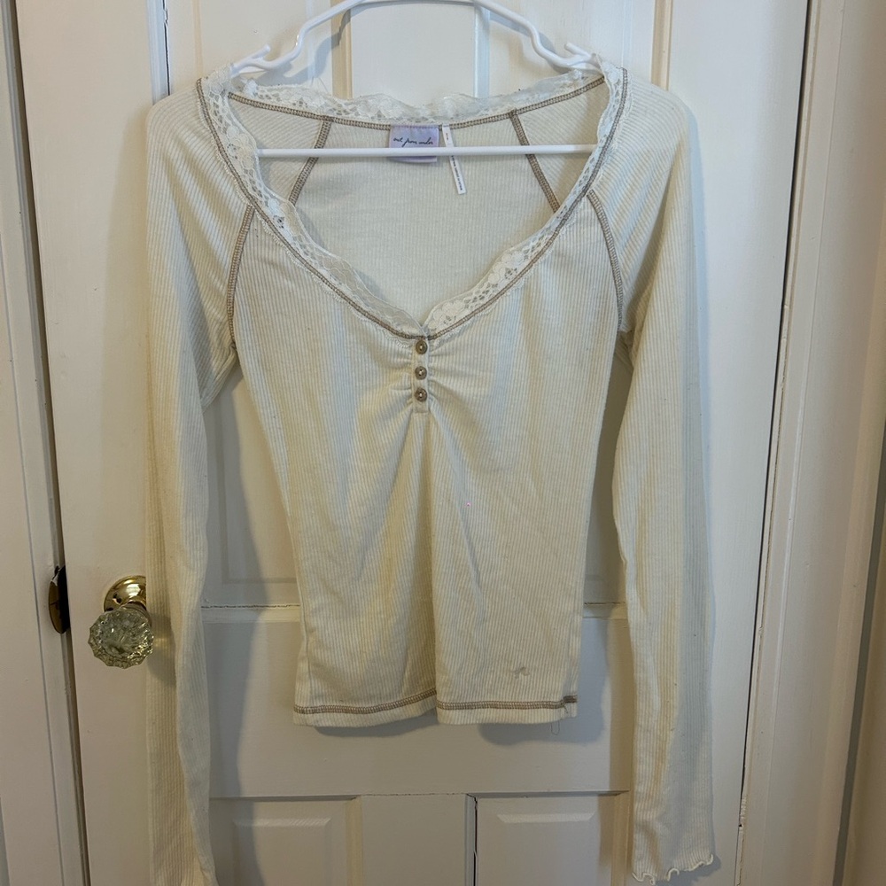 Urban Outfitters Cream Button-Detail Long Sleeve Top